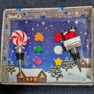 Wink Holiday Wine Stoppers - Red and White Swirl, Santa Design NEW